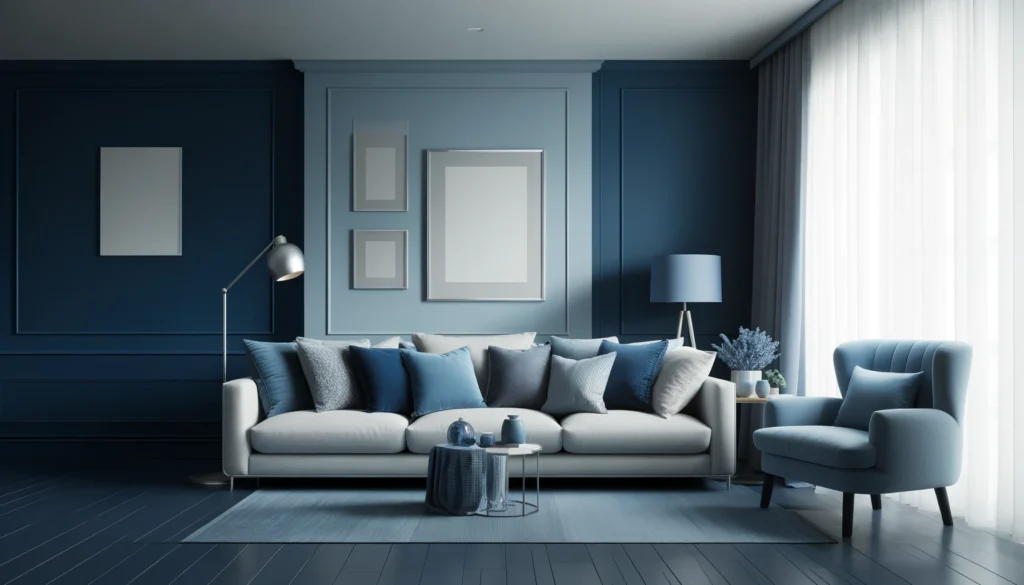 DALL·E-2024-05-07-13.37.39-A-stylish-living-room-featuring-a-serene-color-scheme-of-deep-blue-and-light-gray.-The-room-includes-a-light-gray-sofa-adorned-with-various-shades-of--1024x585 Descubra as Melhores Combinações de Cores para sua Sala de Estar