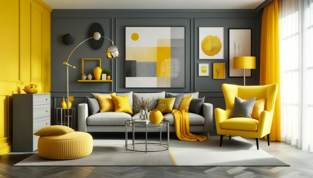 DALL·E-2024-05-07-13.39.47-A-vibrant-and-modern-living-room-featuring-a-color-scheme-of-yellow-and-gray.-The-room-has-gray-walls-as-the-dominant-color-with-bright-yellow-accent-1024x585 Descubra as Melhores Combinações de Cores para sua Sala de Estar