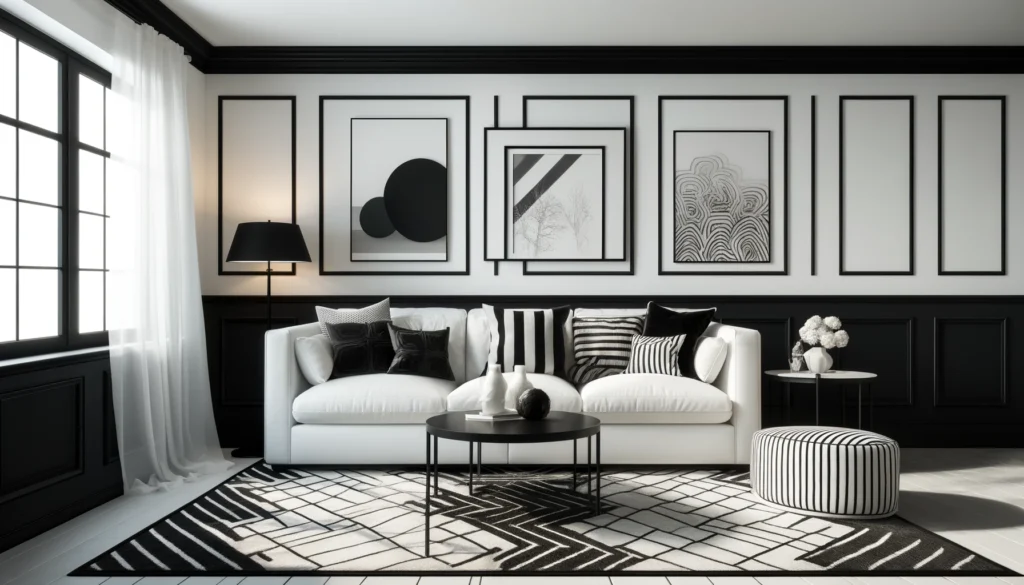 DALL·E-2024-05-07-13.46.05-A-sophisticated-black-and-white-themed-living-room-featuring-white-walls-with-one-black-accent-wall.-The-room-includes-a-white-sofa-with-black-and-wh-1024x585 Descubra as Melhores Combinações de Cores para sua Sala de Estar