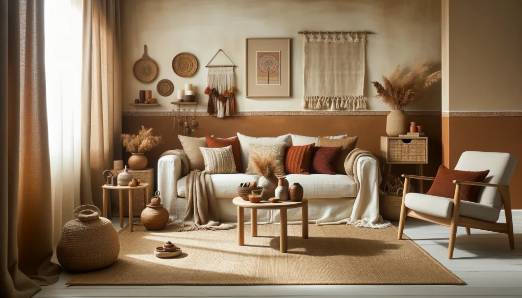 DALL·E-2024-05-07-13.47.34-A-warm-and-inviting-living-room-featuring-a-color-scheme-of-earth-tones-and-cream.-The-room-has-walls-painted-in-creamy-shades-furnished-with-natural-1024x585 Descubra as Melhores Combinações de Cores para sua Sala de Estar