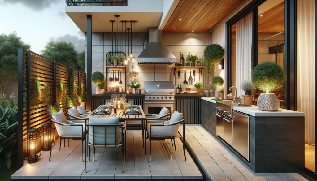 DALL·E-2024-05-07-16.20.14-A-modern-and-stylish-gourmet-balcony-featuring-a-well-equipped-outdoor-kitchen-area-with-stainless-steel-appliances-a-chic-dining-set-with-comfortabl-1024x585 Transformando Espaços: Dicas Essenciais para Criar Sua Área Gourmet