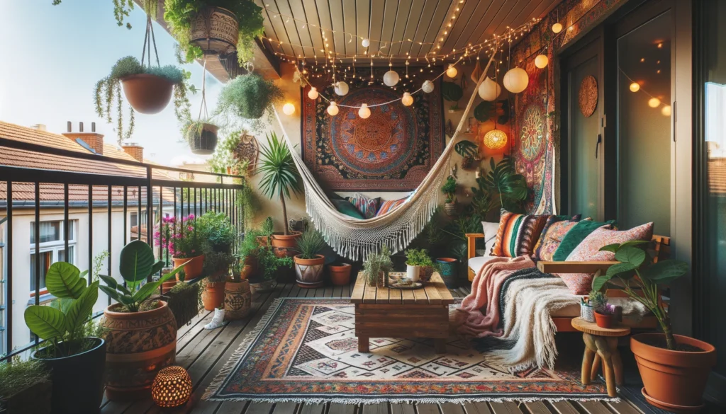 DALL·E-2024-05-07-16.21.18-A-cozy-and-bohemian-style-gourmet-balcony-with-a-relaxed-seating-area-featuring-a-hanging-hammock-colorful-throw-pillows-and-a-small-wooden-coffee-t-1024x585 Transformando Espaços: Dicas Essenciais para Criar Sua Área Gourmet