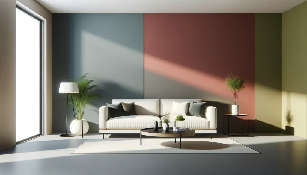 DALL·E-2024-05-09-17.11.41-A-minimalist-living-room-featuring-a-prominently-colored-accent-wall.-The-room-has-simple-modern-furniture-such-as-a-sleek-sofa-a-low-coffee-table--1024x585 Parede de Destaque Perfeita para Pintar na Sala: Como Escolher?