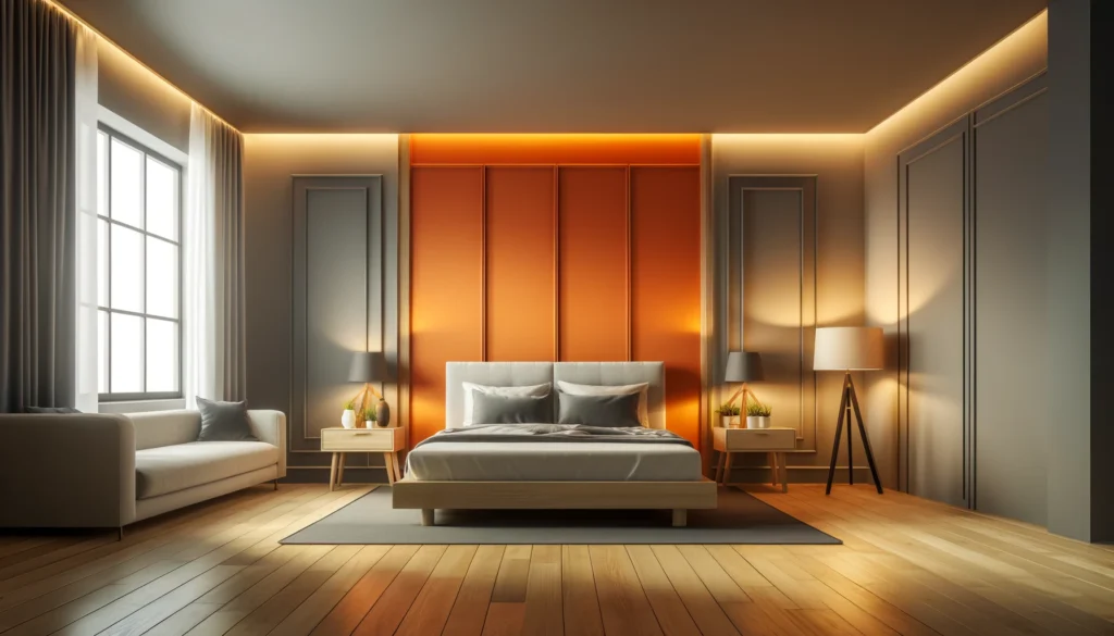 DALL·E-2024-05-09-17.16.03-A-modern-and-cozy-double-bedroom-featuring-one-accent-wall-painted-in-orange.-The-room-includes-contemporary-furniture-such-as-a-large-bed-with-stylis-1024x585 Parede de Destaque Perfeita para Pintar na Sala: Como Escolher?