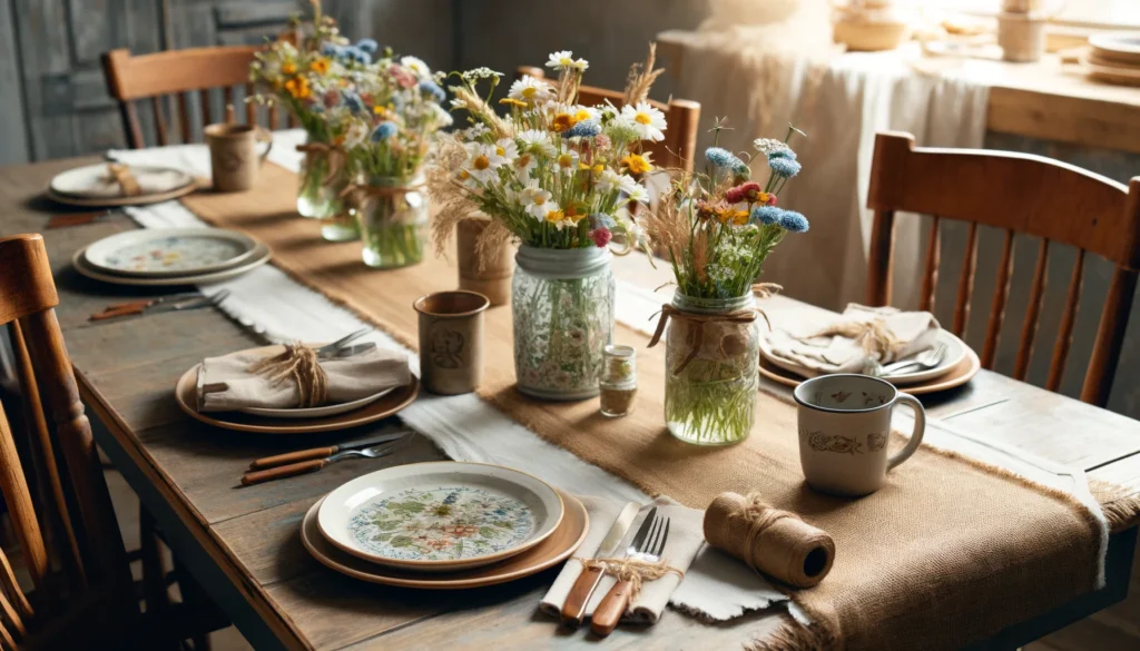 DALL·E-2024-05-09-17.24.06-A-rustic-and-country-themed-dining-table-for-a-Mothers-Day-celebration.-The-table-setting-includes-a-wooden-farmhouse-style-table-with-a-burlap-runne-1024x585 Mesa Posta de Dia das Mães: Inspire-se e Celebre com Amor