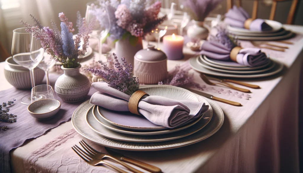 DALL·E-2024-05-09-17.41.12-A-dining-table-set-in-shades-of-lilac-and-lavender-for-a-serene-and-elegant-atmosphere.-The-tablecloth-is-a-soft-lilac-color-and-the-napkins-are-fabr-1024x585 Mesa Posta de Dia das Mães: Inspire-se e Celebre com Amor