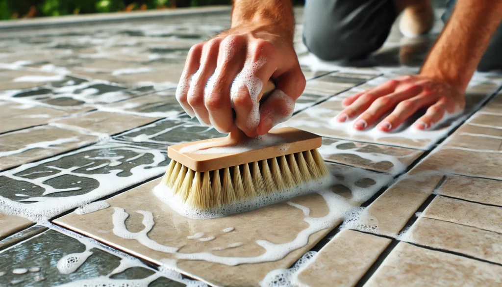 DALL·E-2024-08-20-17.40.35-A-close-up-of-someone-cleaning-porcelain-tiles-outdoors-using-a-soft-brush-and-soapy-water-focusing-on-the-action-of-cleaning-the-tiles-1024x585 Porcelanato em Área Externa | Cuidados Especiais com o Porcelanato Externo