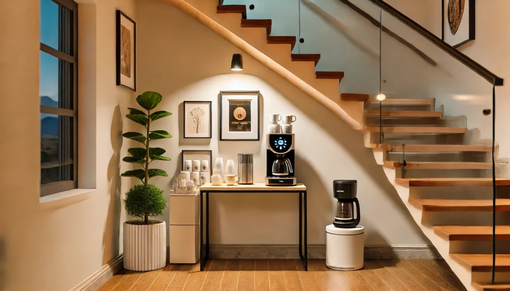 DALL·E-2024-08-29-18.50.41-A-hyper-realistic-image-of-a-stylish-and-cozy-coffee-nook-under-a-modern-staircase.-The-area-features-a-compact-coffee-machine-on-a-small-wooden-table-1024x585 Cantinho do Café embaixo da Escada