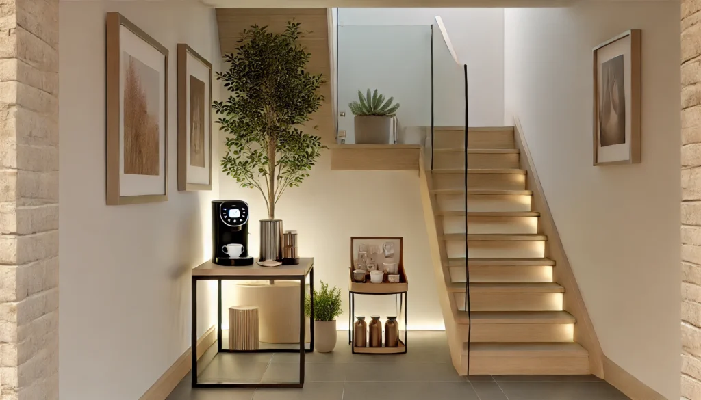 DALL·E-2024-08-29-18.50.42-A-hyper-realistic-image-of-a-stylish-and-cozy-coffee-nook-under-a-modern-staircase.-The-area-features-a-compact-coffee-machine-on-a-small-wooden-table-1024x585 Cantinho do Café embaixo da Escada