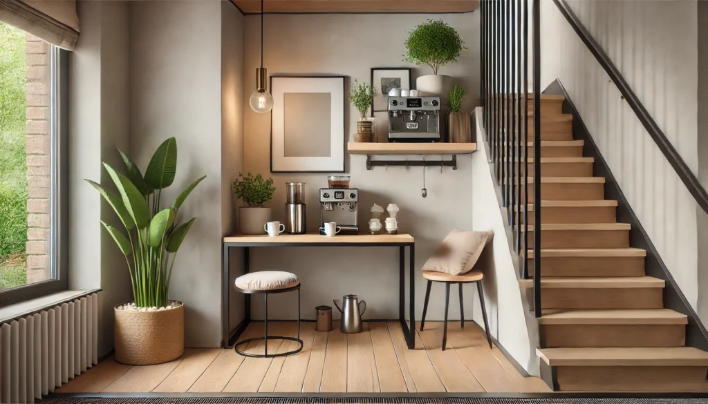 DALL·E-2024-08-29-18.51.08-A-realistic-image-of-a-cozy-coffee-nook-under-a-staircase-in-a-modern-home.-The-nook-features-a-small-wooden-table-with-a-coffee-machine-cups-and-a--1024x585 Cantinho do Café embaixo da Escada