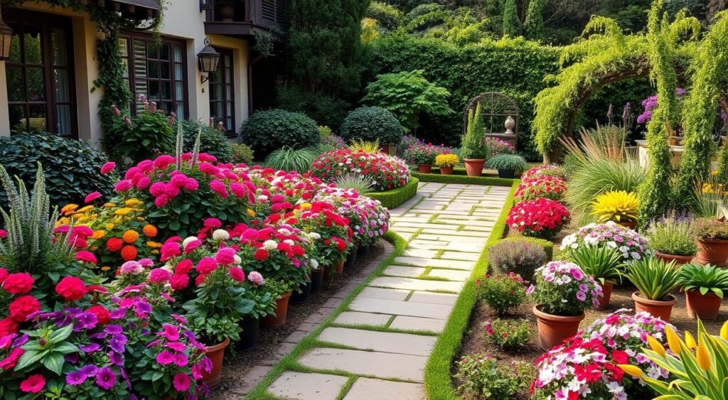 canteiros-de-flores-e-vasos-de-plantas-no-jardim-1024x563 Jardins para Frente de Casas Simples: Inspirações