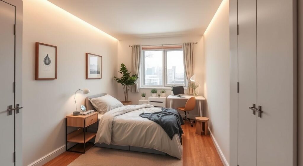 A-cozy-and-well-designed-small-bedroom-with-clean-minimalist-decor.-Soft-warm-lighting-1024x563 Arquitetura para Quarto Pequeno: Dicas Únicas