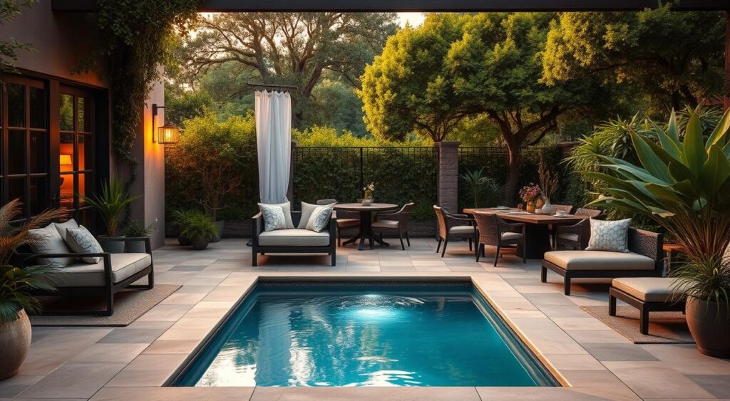 A-cozy-gourmet-outdoor-patio-with-a-small-sparkling-swimming-pool-in-the-foreground.-Plush-1024x563 Área Gourmet Pequena com Piscina: 15 Dicas Úteis