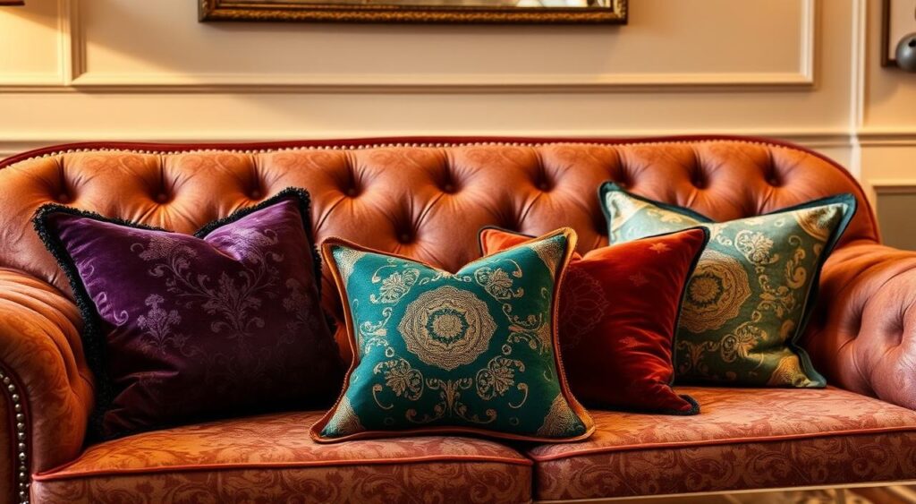 A-cozy-living-room-with-an-ornate-tufted-sofa-adorned-with-a-variety-of-decorative-throw-1024x563 Coisas para Decoração: 10 Itens Baratos Que Mudam Tudo