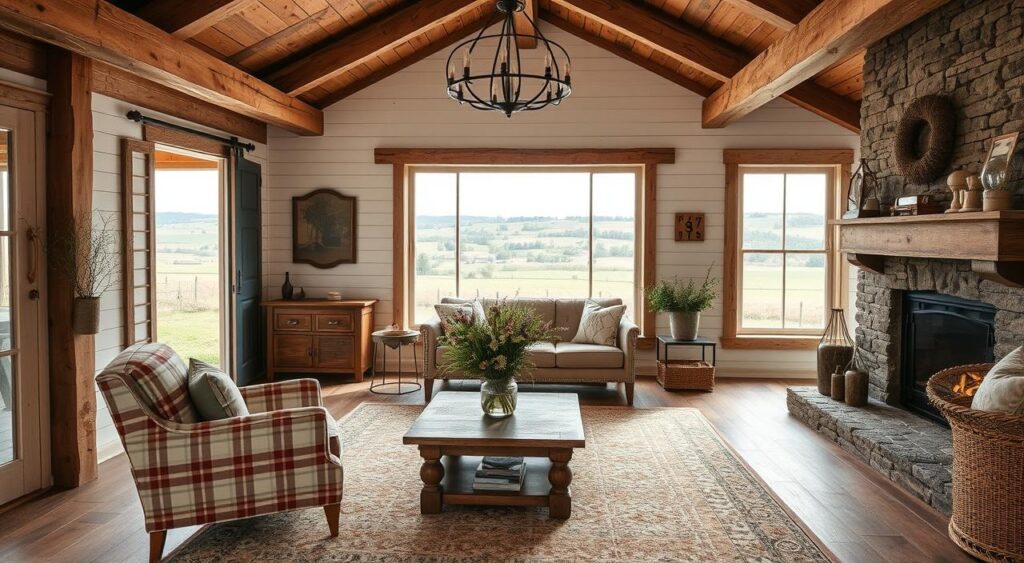 A-cozy-rural-living-room-with-a-mix-of-rustic-and-modern-elements.-In-the-foreground-an-1024x563 Casas de Roça Por Dentro: Decoração e Estilo