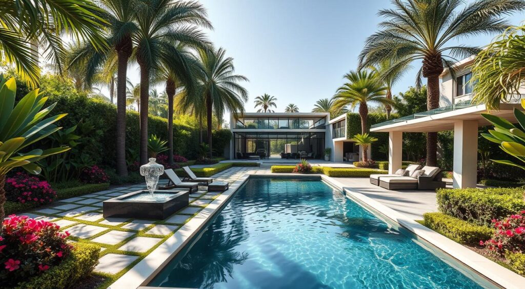 A-lush-meticulously-manicured-garden-oasis-with-a-glistening-pool-takes-center-stage-blending-1024x563 20 Ideias de Decoração de Jardim com Piscina