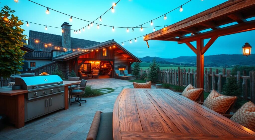 A-lush-outdoor-gourmet-area-set-against-the-backdrop-of-a-picturesque-country-chalet.-In-the-1024x563 Área Gourmet em Chácara: 20 Fotos, Dicas e Inspirações