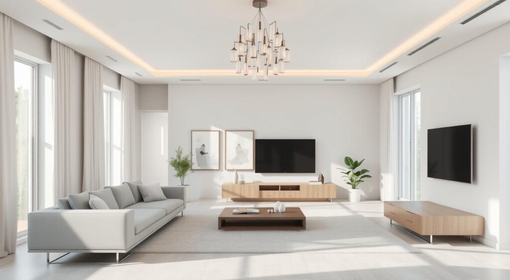 A-modern-airy-living-room-with-clean-lines-and-minimalist-decor.-Soft-natural-light-filters-1024x563 Decoração Contemporânea: 10 Ideias Sofisticadas Para Sua Casa