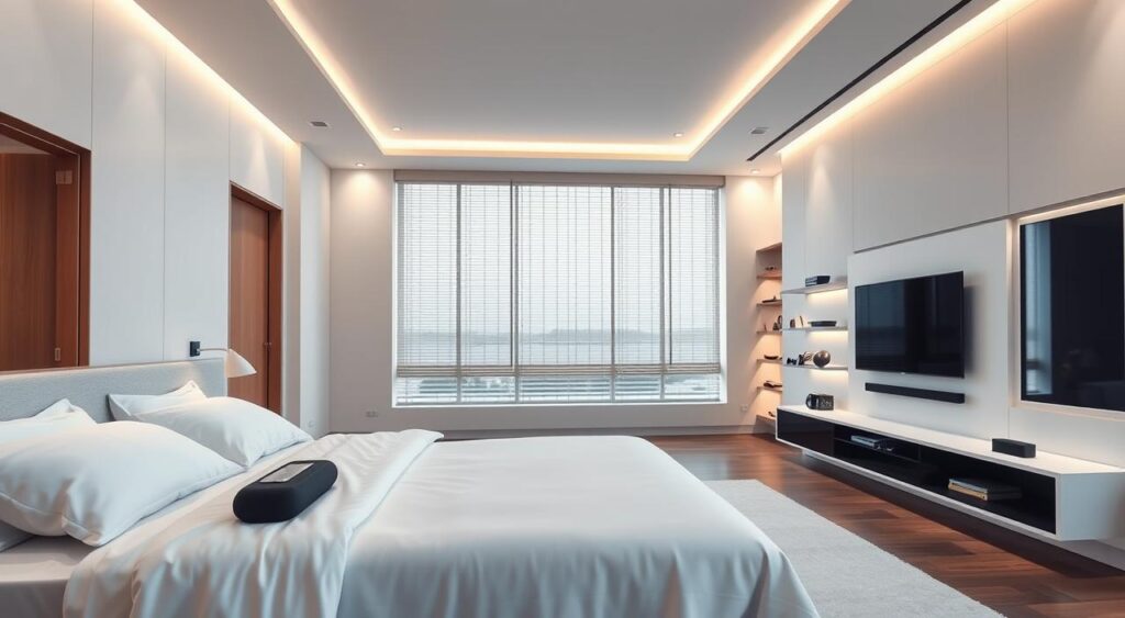 A-modern-and-minimalist-bedroom-with-sleek-technology-seamlessly-integrated-into-the-design.-In-1024x563 Decoração de Quarto de Casal: Inspirações Modernas