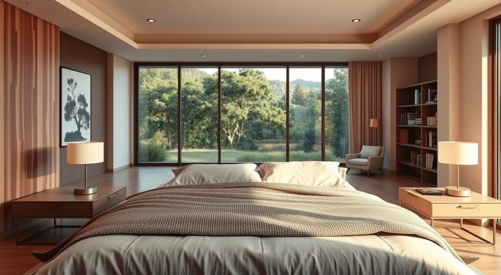 A-modern-harmonious-bedroom-with-a-warm-inviting-atmosphere.-In-the-foreground-a-plush-1024x563 Decoração de Quarto de Casal: Inspirações Modernas