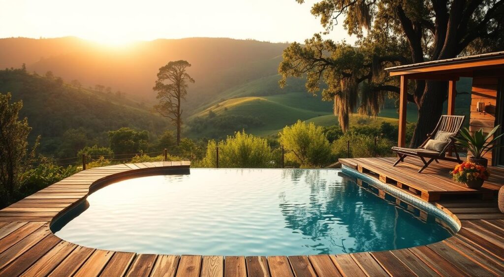 A-peaceful-rustic-outdoor-scene-showcasing-a-stunning-pool-crafted-from-weathered-wooden-1024x563 Ideias Criativas de Decoração de Piscina com Paletes