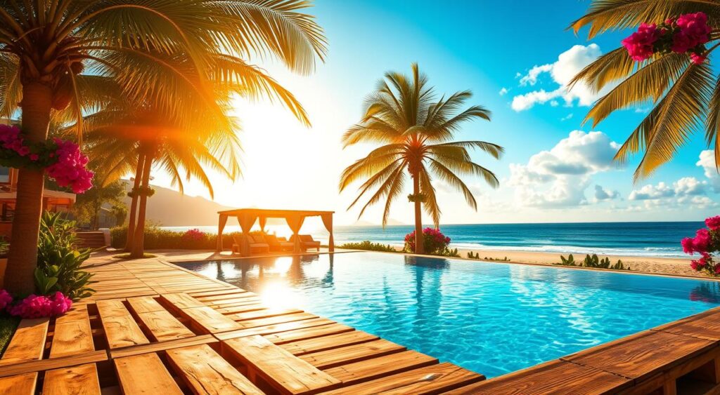 A-radiant-Brazilian-summer-day-the-suns-golden-rays-illuminating-a-lush-tropical-landscape-1024x563 Ideias Criativas de Decoração de Piscina com Paletes
