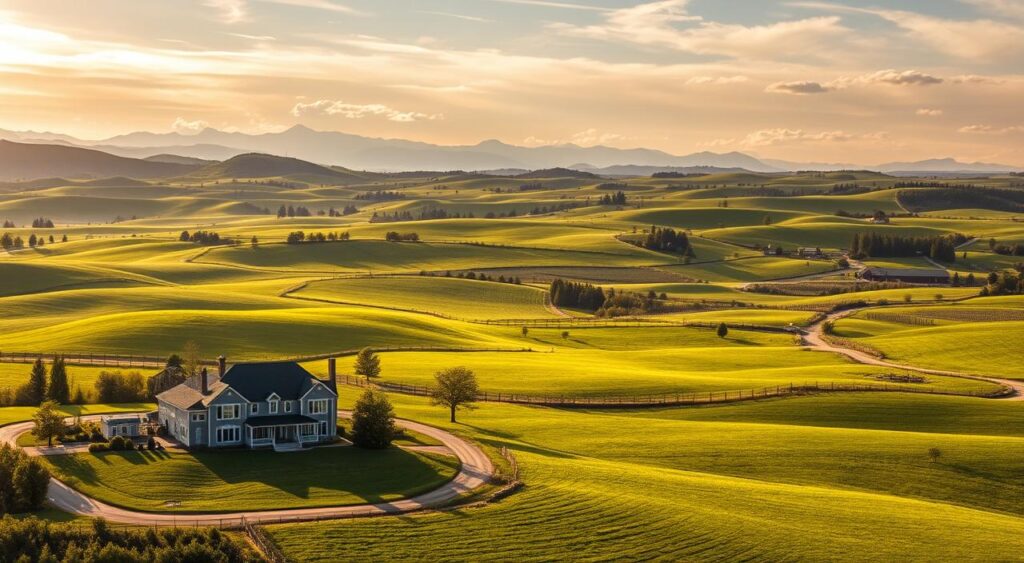 A-vast-expanse-of-verdant-rolling-hills-dotted-with-stately-farmhouses-and-rustic-barns.-In-1024x563 Casas no Campo: Mistura de Refúgio e Bom Investimento