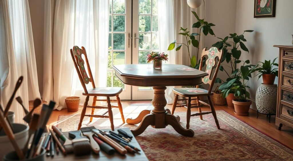 A-vintage-wooden-table-and-chair-set-sits-in-a-cozy-sun-drenched-studio-overlooking-a-lush-1024x563 Blog Casa e Jardim na Ventrameli Decor com Dicas Incríveis
