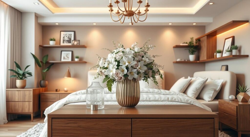 Elegant-decorative-elements-for-a-modern-sophisticated-bedroom-A-centerpiece-floral-1024x563 Decoração de Quarto de Casal: Inspirações Modernas