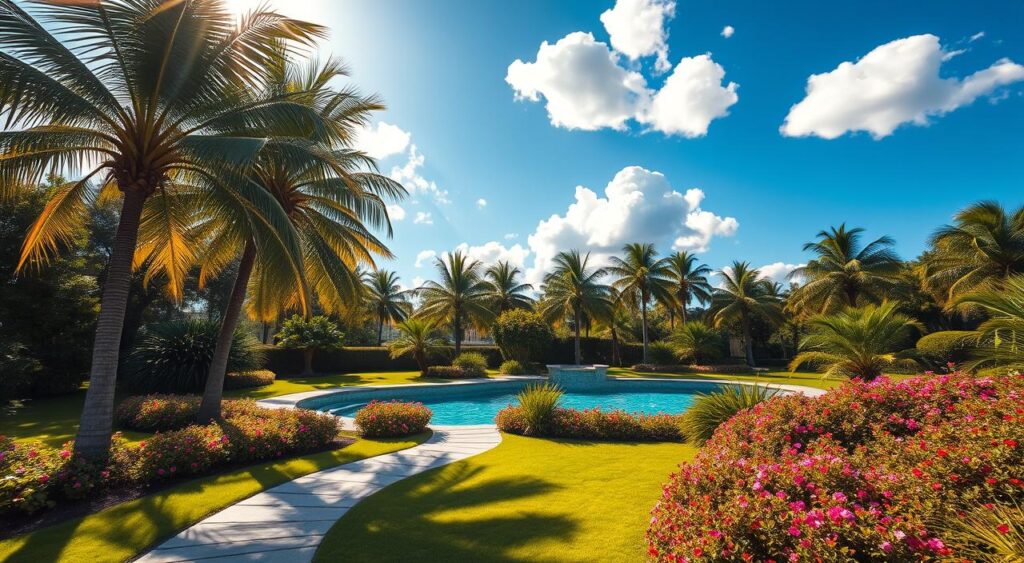 Lush-verdant-landscape-surrounding-a-shimmering-crystalline-pool.-Towering-palm-trees-sway-1024x563 20 Ideias de Decoração de Jardim com Piscina