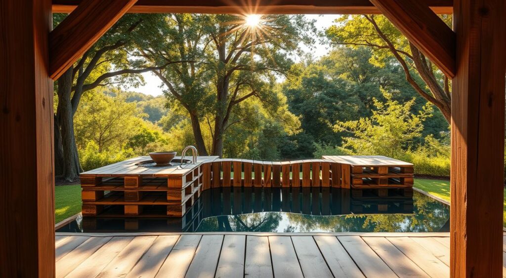 Ultrarealistic-extremely-detailed-image-of-a-pool-made-from-wooden-pallets-set-against-a-1024x563 Ideias Criativas de Decoração de Piscina com Paletes