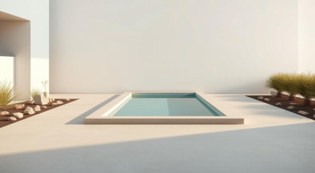 decoracao-minimalista-ao-redor-da-piscina-1024x563 Decoração na Parede da Piscina: Elementos Que Fazem Diferença