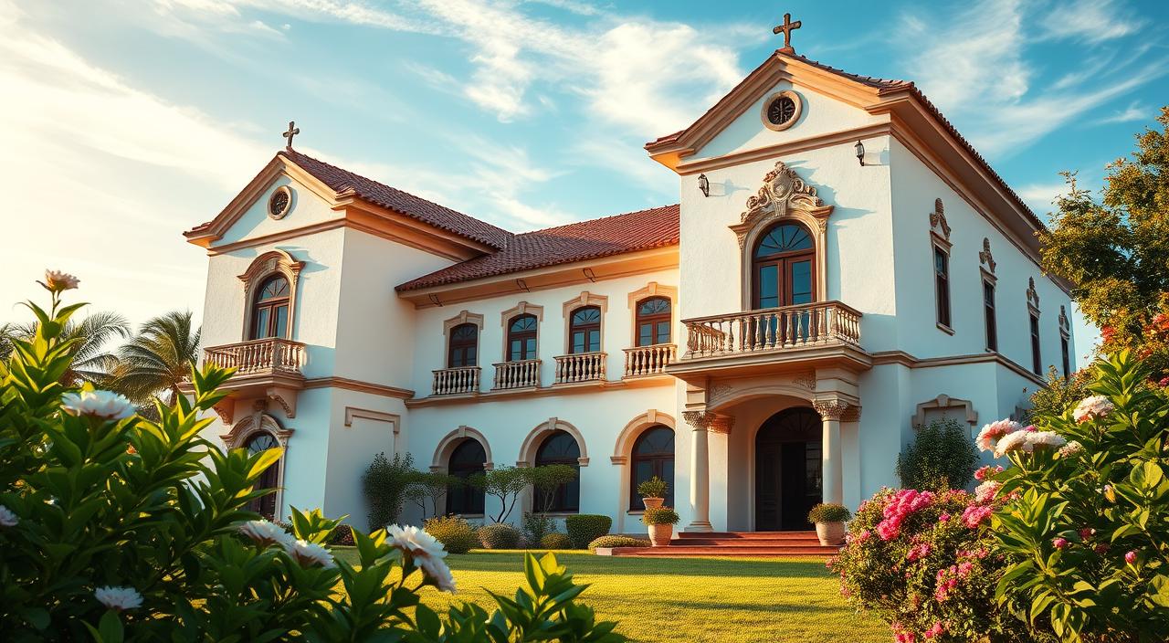 ultrarealistic, extremely detailed photograph of a picturesque colonial-style house with bright white stucco walls, a red clay tile roof, and intricate architectural details like ornate balconies, arched windows, and a grand, columned entryway. The house is situated in a lush, verdant setting with vibrant green foliage and blooming flowers in the foreground, while a clear blue sky with wispy clouds forms the tranquil backdrop. Warm, golden sunlight bathes the scene, casting soft shadows and giving the image a timeless, idyllic atmosphere.