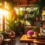Cozinha tropical decorada com elementos vibrantes e plantas