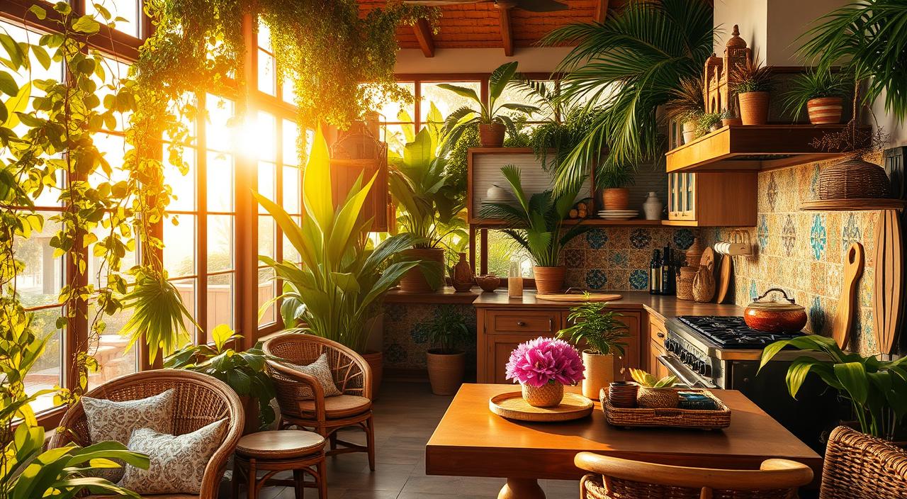 Cozinha tropical decorada com elementos vibrantes e plantas