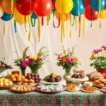 Mesa decorada com quitutes juninos