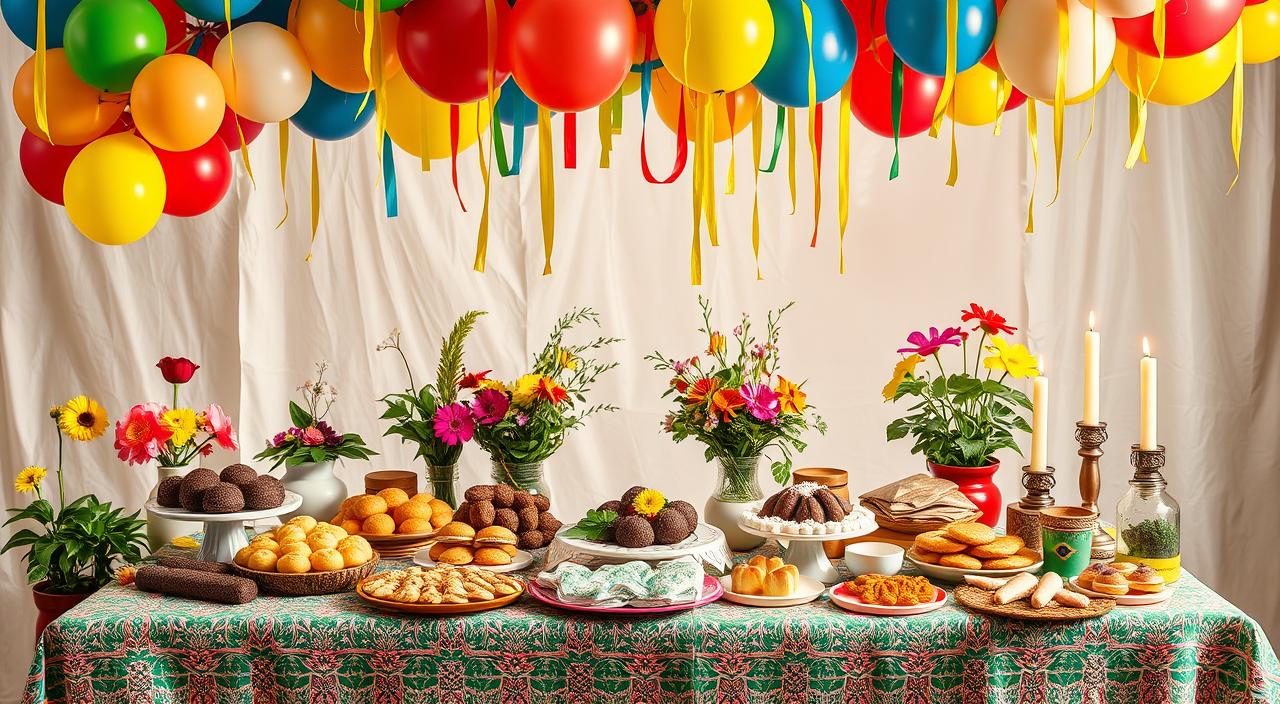 Mesa decorada com quitutes juninos