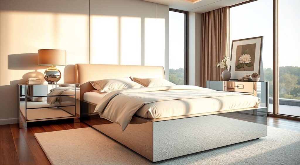 design-moderno-quarto-com-moveis-espelho-1024x563 Mesa de Cabeceira Espelhada: Modelos Que Brilham no Quarto