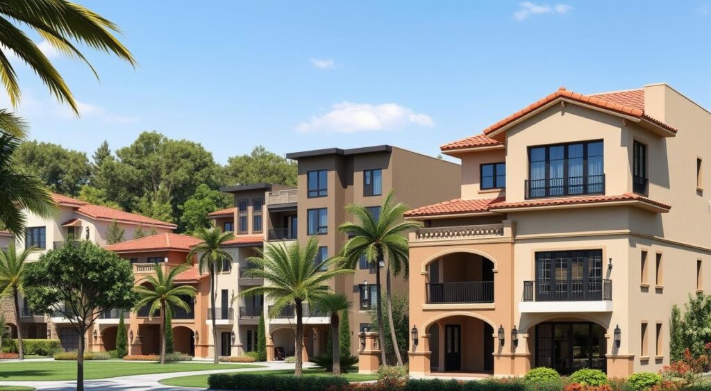 estilos-de-fachadas-de-casas-de-condominio-1024x563 Fachada de Sobrado com Varanda: Fotos pra você se INSPIRAR