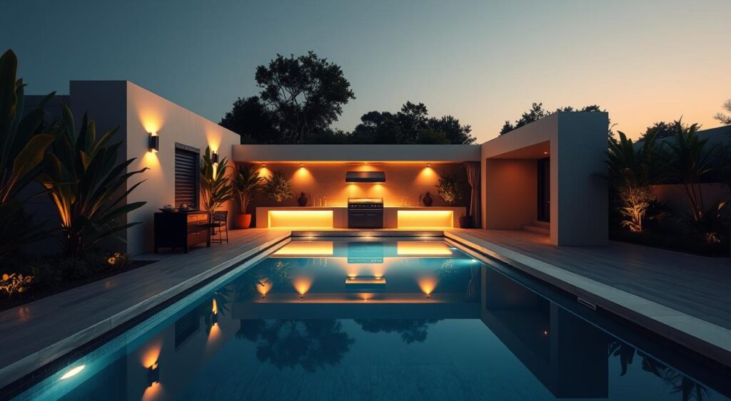 iluminacao-na-area-gourmet-com-piscina-1024x563 Área Gourmet com Piscina: Veja os Projetos Que Viralizaram