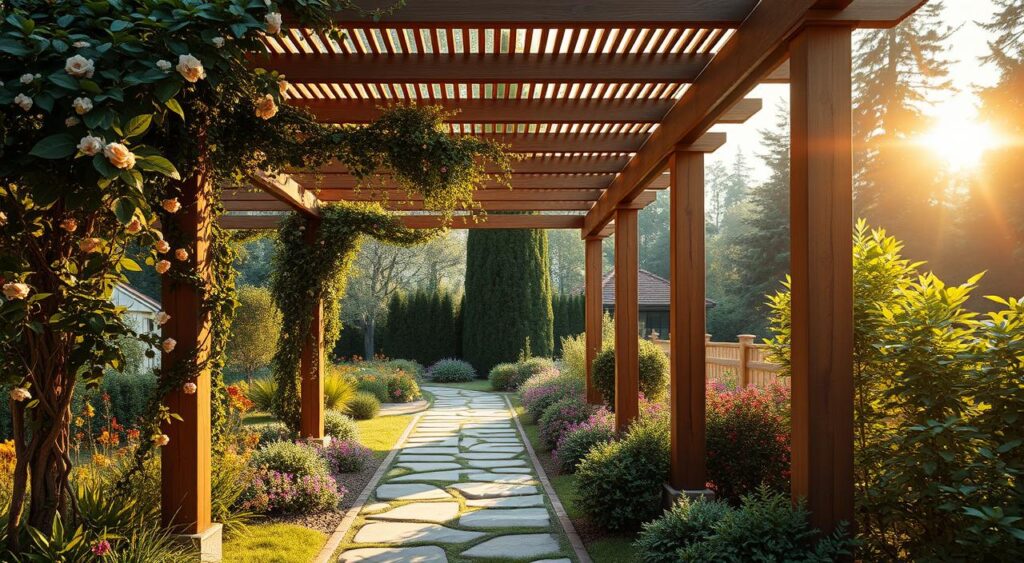 ligacao-do-pergolado-com-o-jardim-1024x563 Pergolado de Madeira para Área Gourmet Elegante | Fotos Lindas
