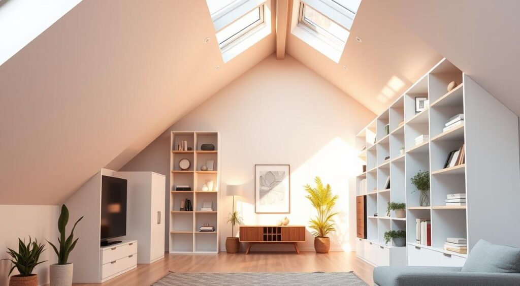 armazenamento-vertical-no-sotao-1024x563 Você já viu uma decoração de Sótão linda? Veja como ela reformou