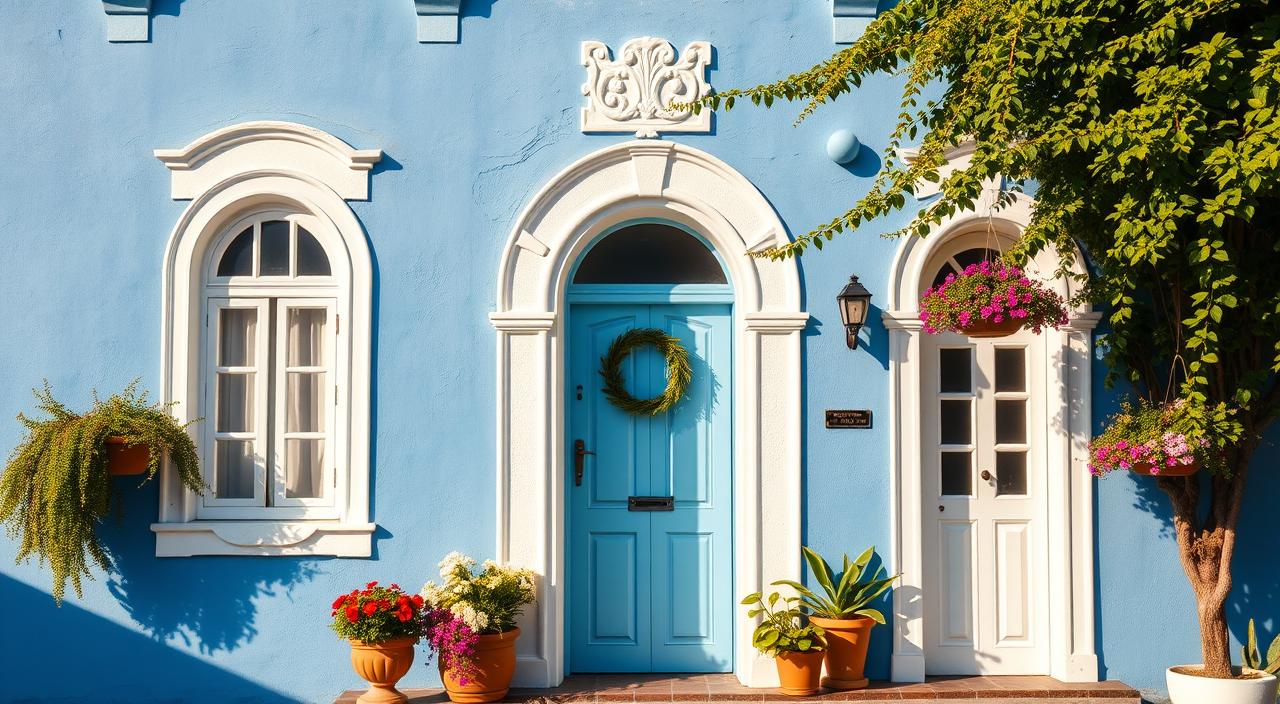 decoração fachada azul e branco