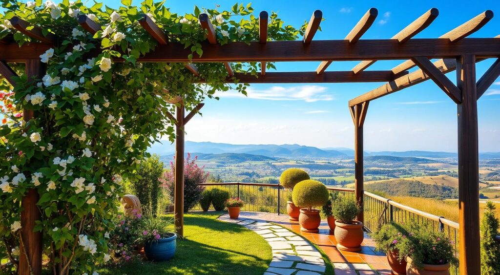 decoracao-para-jardim-com-pergolado-1024x563 Jardim com Pergolado Simples: Ideias Baratas e Lindas