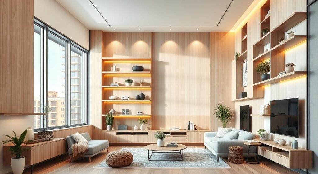 decoracao-vertical-com-aproveitando-espaco-em-altura-1024x563 Apartamento pequeno e moderno: 8 truques que fazem a diferença