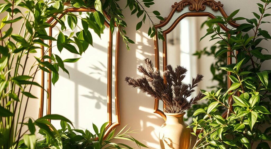 elementos-decorativos-com-plantas-e-espelhos-1024x563 Interiores de Casas Pequenas e Simples Que Parecem Maiores