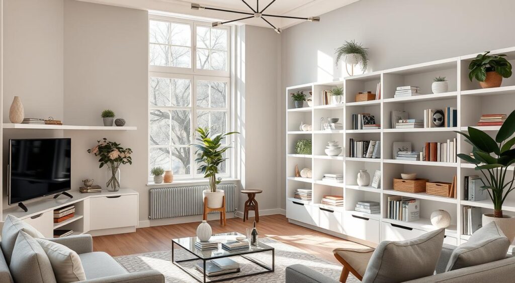 estantes-decoracao-e-organizacao-ambientes-integrados-1024x563 As Principais Dicas para Integrar Cozinha Pequena com Sala