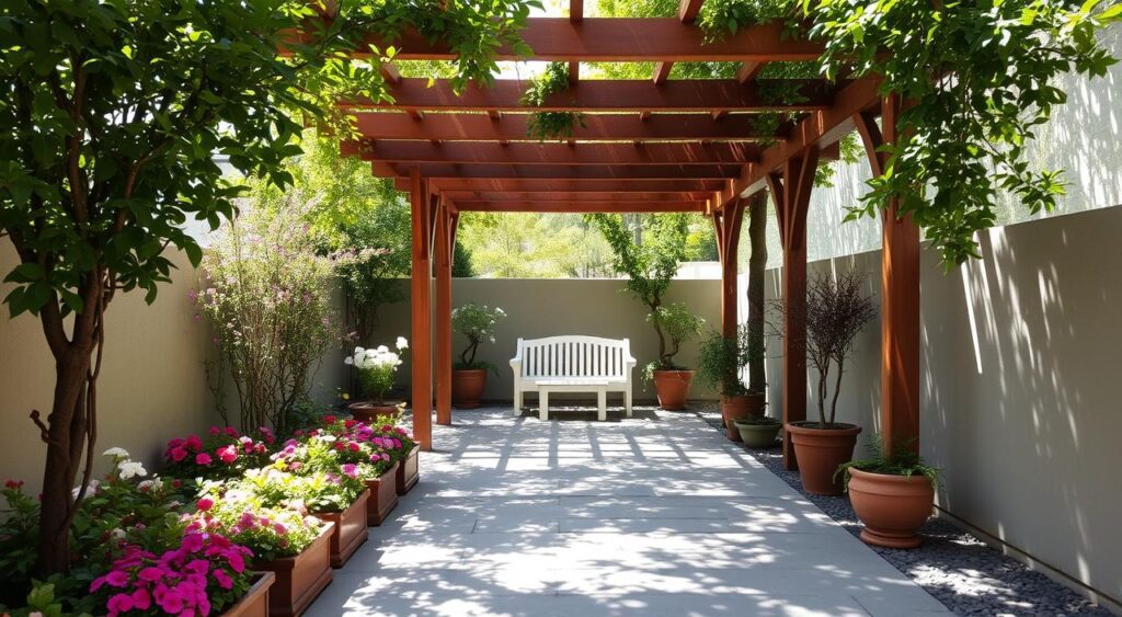 exemplos-de-jardim-com-pergolado-1024x563 Jardim com Pergolado Simples: Ideias Baratas e Lindas