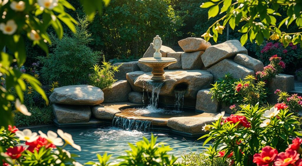 fonte-de-agua-para-jardim-1024x563 Jardim Pequeno com Grama e Flores: 10 Dicas Incríveis