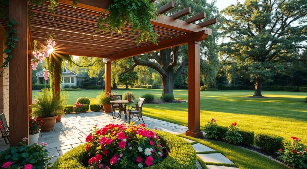 ideias-de-decoracao-para-jardim-com-pergolado-1024x563 Jardim com Pergolado Simples: Ideias Baratas e Lindas